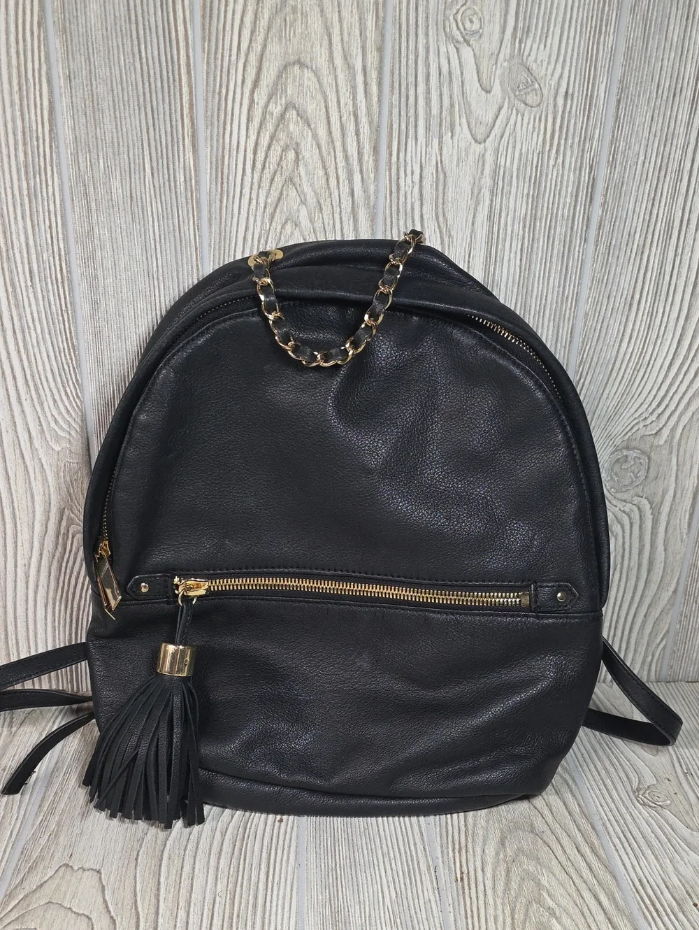 Margot Black leather Backpack Purse With Gold Chain Handle